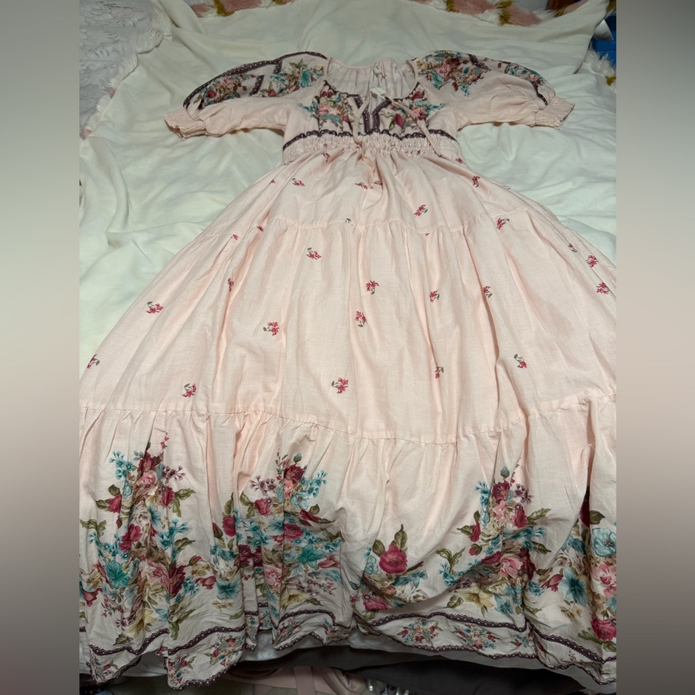 NWT Anthropologie Puff Sleeve Somerset Blush Floral Tiered Maxi Dress Small - Picture 4 of 9
